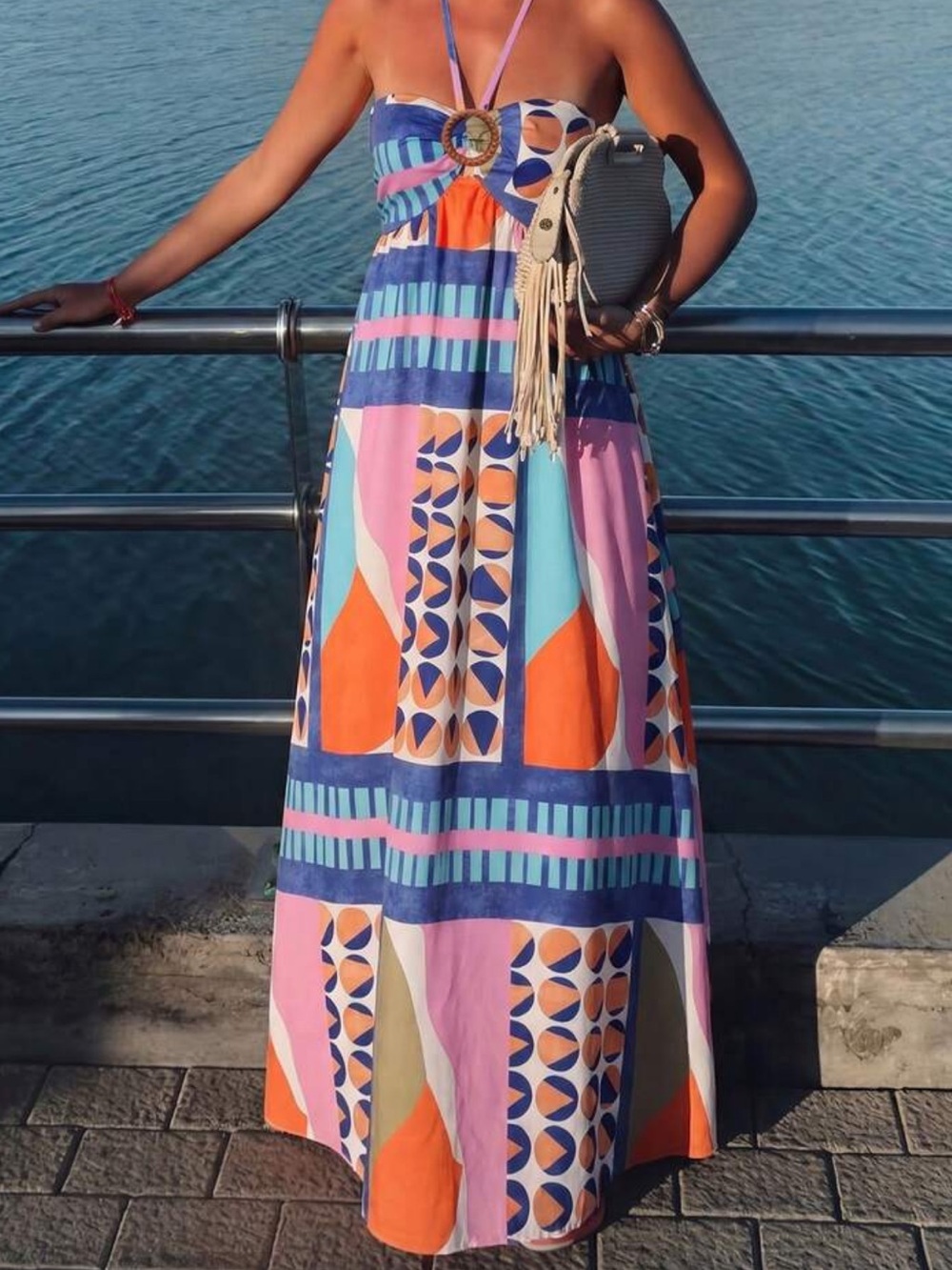 Geometric halter maxi dress